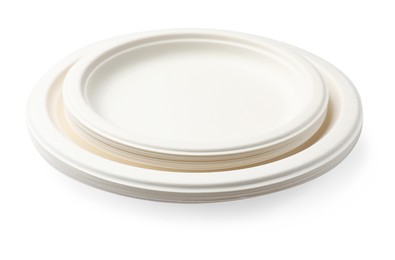 Photo of Set of disposable plates isolated on white