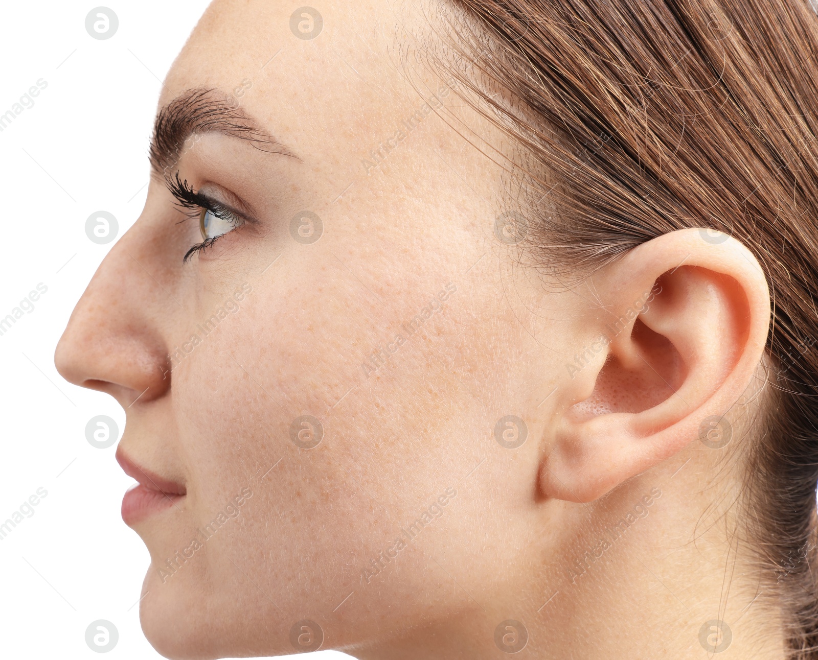 Photo of Sound. Woman on white background, closeup view