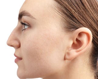 Photo of Sound. Woman on white background, closeup view