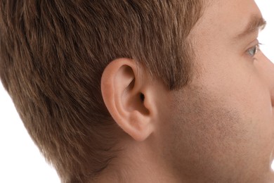 Photo of Sound. Man on white background, closeup view