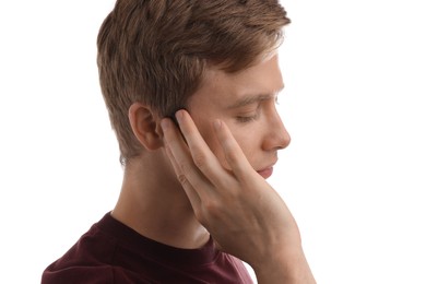 Photo of Sound. Man touching his ear on white background