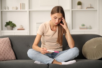 Photo of Worried young woman with pregnancy test on sofa at home