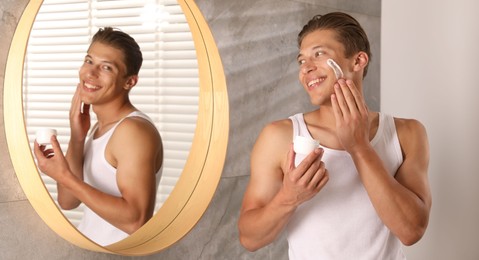 Photo of Handsome young man applying cream onto his face near mirror in bathroom