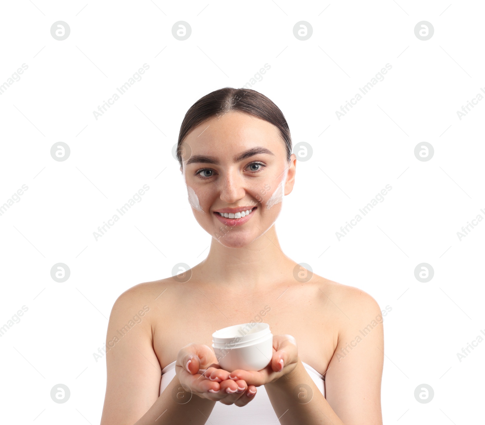 Photo of Beautiful woman with jar of face cream on white background