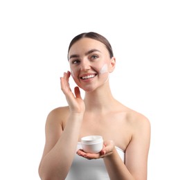 Photo of Beautiful woman applying cream onto her face on white background