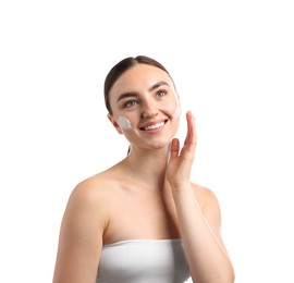 Photo of Beautiful woman with cream on her face against white background