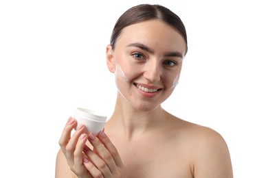 Photo of Beautiful woman with jar of face cream on white background