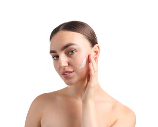 Photo of Beautiful woman with cream on her face against white background