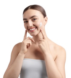 Photo of Beautiful woman with cream on her face against white background