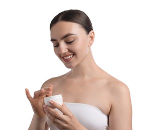 Photo of Beautiful woman with jar of face cream on white background