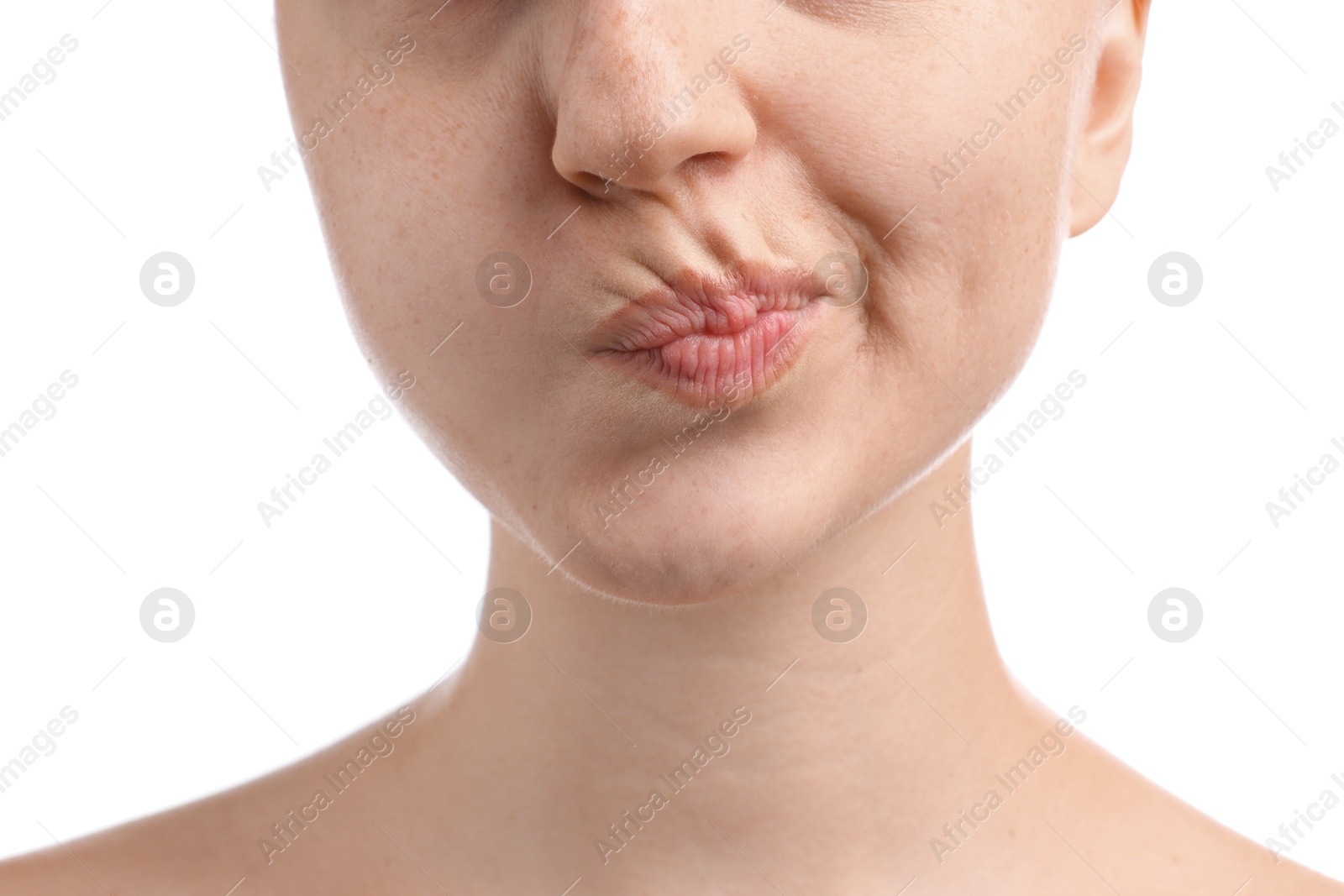 Photo of Woman rinsing mouth with mouthwash on white background, closeup. Oral hygiene