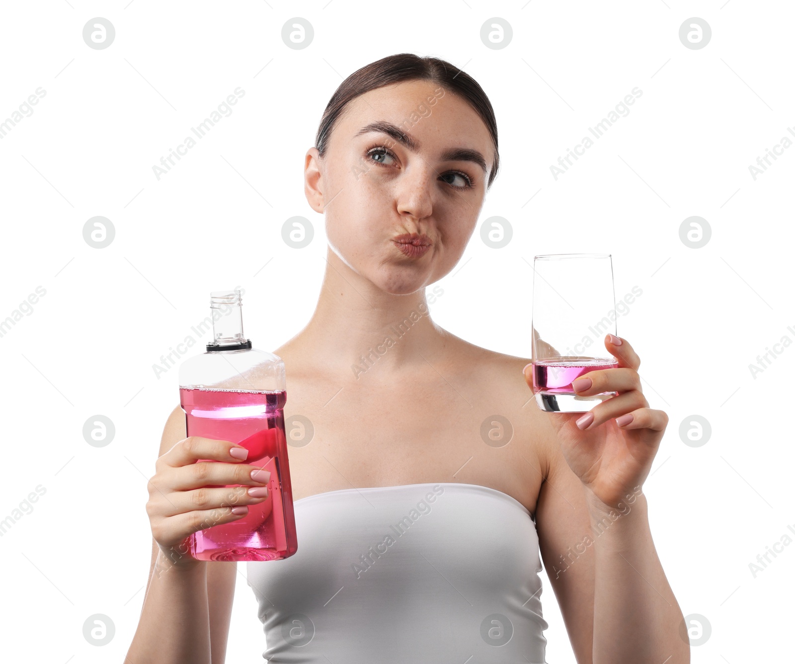 Photo of Woman rinsing mouth with mouthwash on white background. Oral hygiene