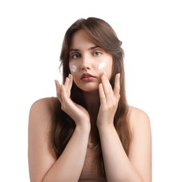 Photo of Beautiful woman with cream on her face against white background