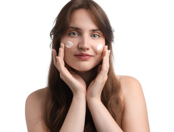 Photo of Beautiful woman with cream on her face against white background