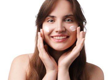 Photo of Beautiful woman with cream on her face against white background, closeup