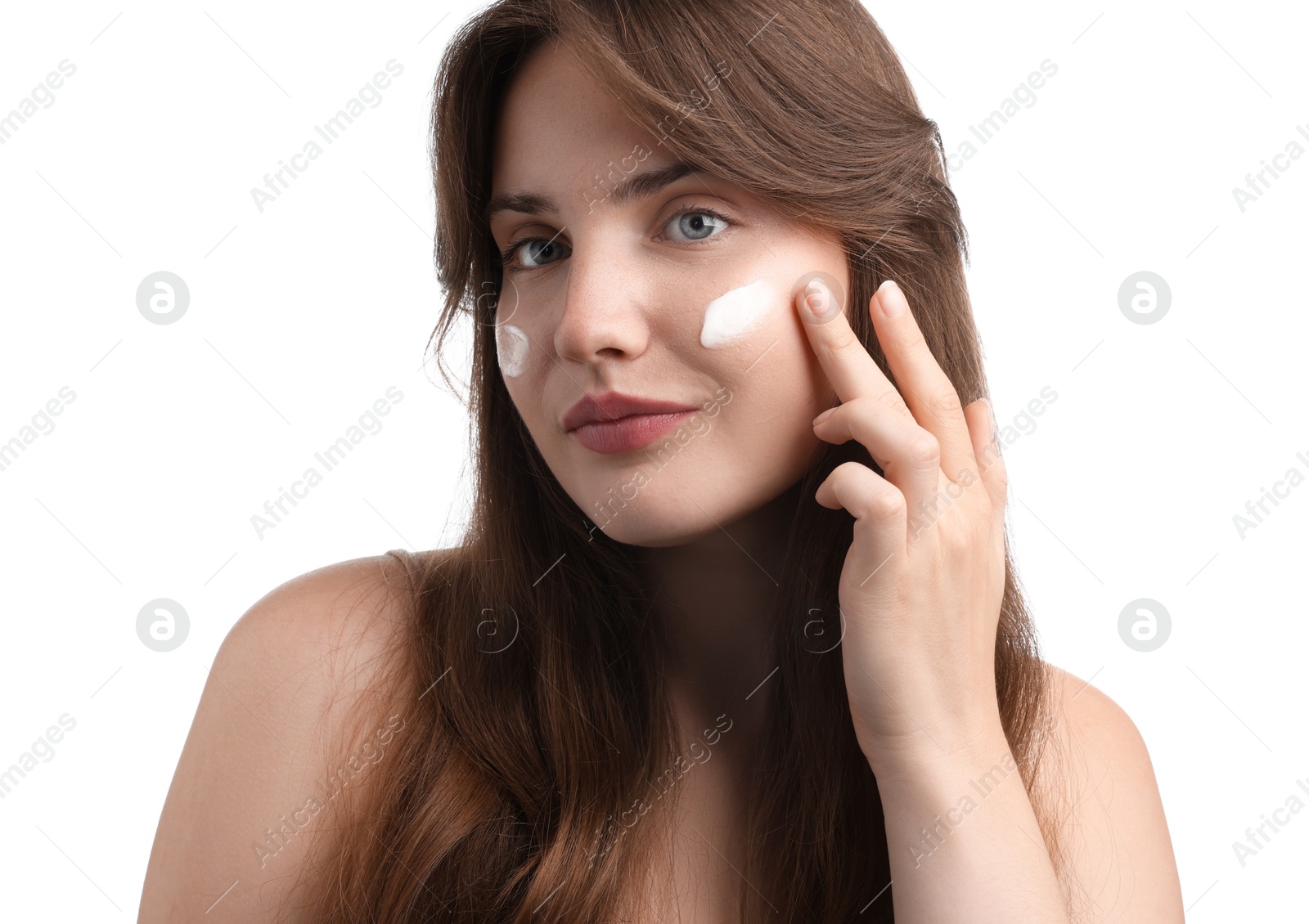 Beautiful woman with cream on her face against white background, closeup Photo of Beautiful woman with cream on her face against white background, closeup