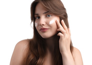 Photo of Beautiful woman with cream on her face against white background, closeup