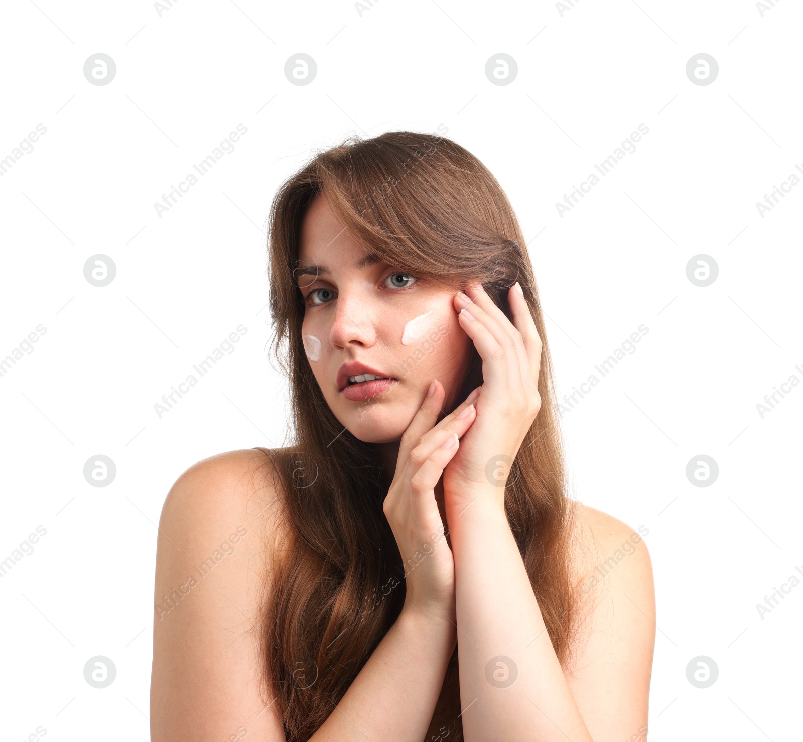 Photo of Beautiful woman with cream on her face against white background
