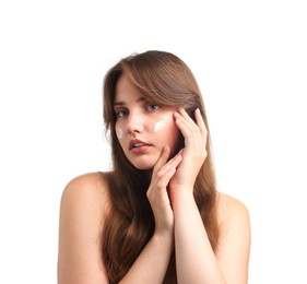 Photo of Beautiful woman with cream on her face against white background