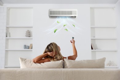 Image of Woman using remote to control air conditioner on sofa at home, back view