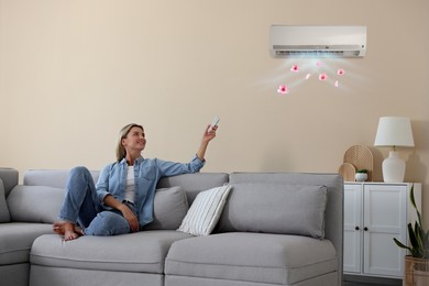 Image of Woman using remote to control air conditioner on sofa at home