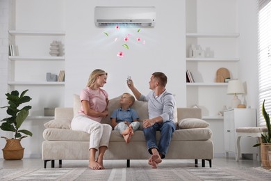 Image of Family using remote to control air conditioner at home