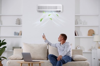 Image of Man using remote to control air conditioner on sofa at home