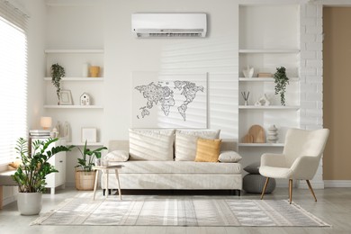 Image of Air conditioner, contemporary furniture, houseplants and decor in living room