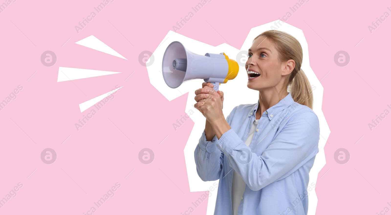 Magazine cutout of woman shouting in loudspeaker on pink background. Stylish poster Image of Magazine cutout of woman shouting in loudspeaker on pink background. Stylish poster