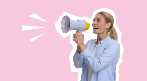 Image of Magazine cutout of woman shouting in loudspeaker on pink background. Stylish poster