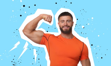 Image of Magazine cutout of athletic man showing his biceps on light blue background. Stylish poster