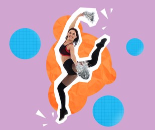 Image of Magazine cutout of beautiful cheerleader with pom poms jumping on color background. Stylish poster