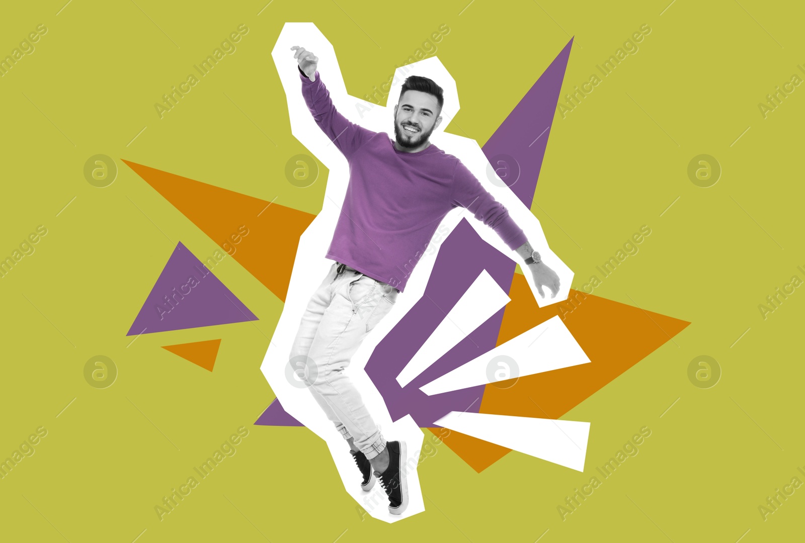 Magazine cutout of happy man dancing on color background. Stylish poster Image of Magazine cutout of happy man dancing on color background. Stylish poster
