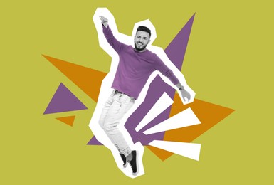 Image of Magazine cutout of happy man dancing on color background. Stylish poster
