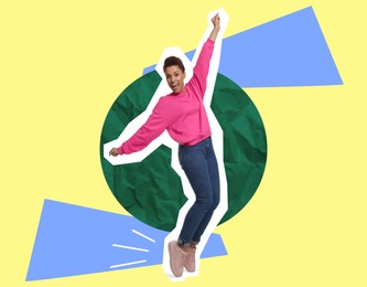 Image of Magazine cutout of happy woman dancing on color background. Stylish poster