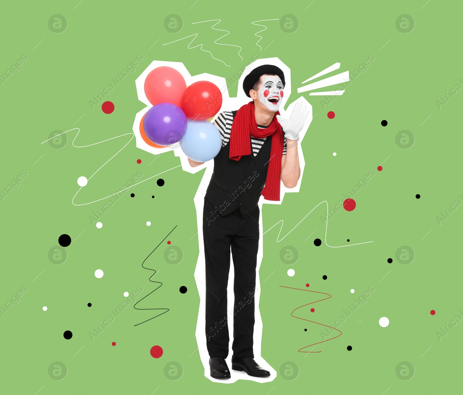 Magazine cutout of mime artist with balloons on color background. Stylish poster Image of Magazine cutout of mime artist with balloons on color background. Stylish poster