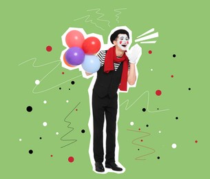 Image of Magazine cutout of mime artist with balloons on color background. Stylish poster