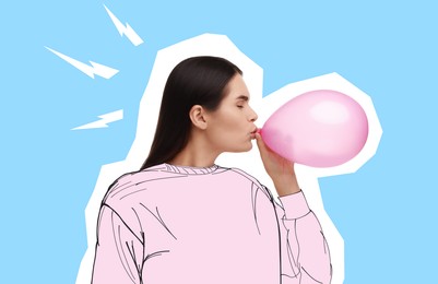 Image of Magazine cutout of woman inflating pink balloon on light blue background. Stylish poster