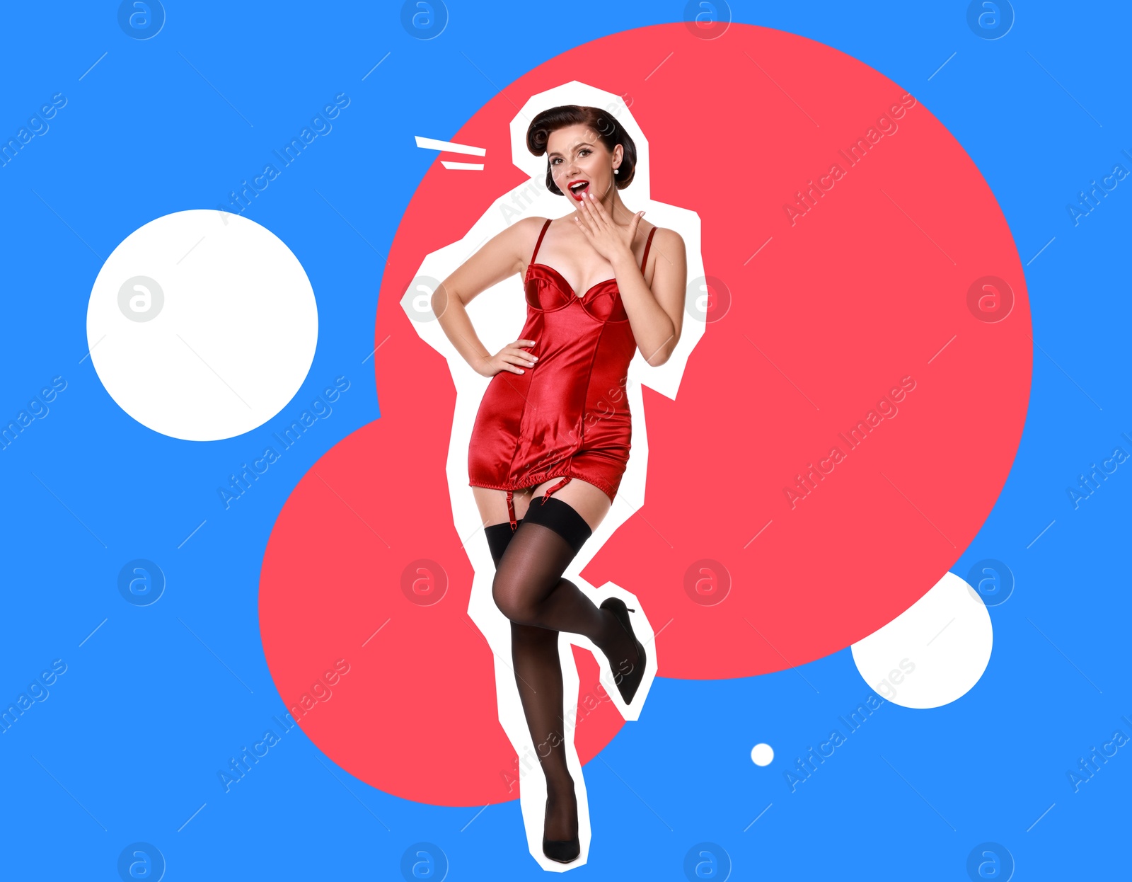 Magazine cutout of pin-up woman in red underwear on color background. Stylish poster Image of Magazine cutout of pin-up woman in red underwear on color background. Stylish poster