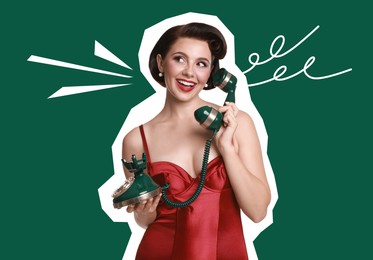 Image of Magazine cutout of pin-up style woman with retro telephone on green background. Stylish poster