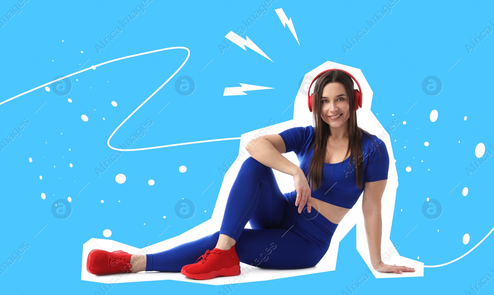 Image of Magazine cutout of woman in sportswear on blue background. Stylish poster