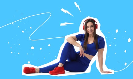 Image of Magazine cutout of woman in sportswear on blue background. Stylish poster