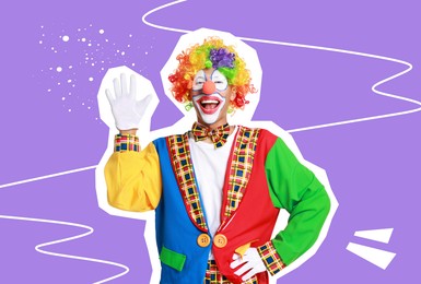 Image of Magazine cutout of happy clown waving on violet background. Stylish poster