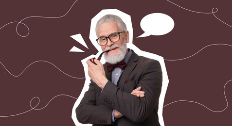 Image of Magazine cutout of elegant bearded gentleman with tobacco pipe on brown background. Stylish poster