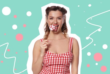 Image of Magazine cutout of happy pin-up woman with lollipop on turquoise background. Stylish poster