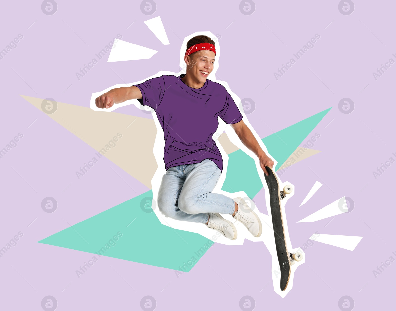 Magazine cutout of man with skateboard jumping on violet background. Stylish poster Image of Magazine cutout of man with skateboard jumping on violet background. Stylish poster