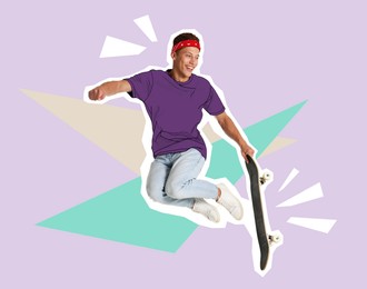 Image of Magazine cutout of man with skateboard jumping on violet background. Stylish poster