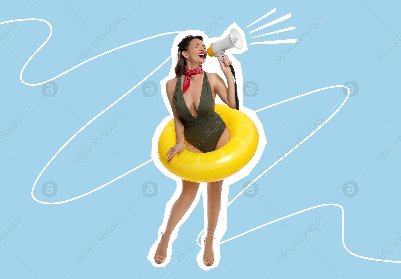 Magazine cutout of pin-up woman with yellow inflatable ring shouting in megaphone on light blue background. Stylish poster Image of Magazine cutout of pin-up woman with yellow inflatable ring shouting in megaphone on light blue background. Stylish poster