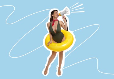 Image of Magazine cutout of pin-up woman with yellow inflatable ring shouting in megaphone on light blue background. Stylish poster