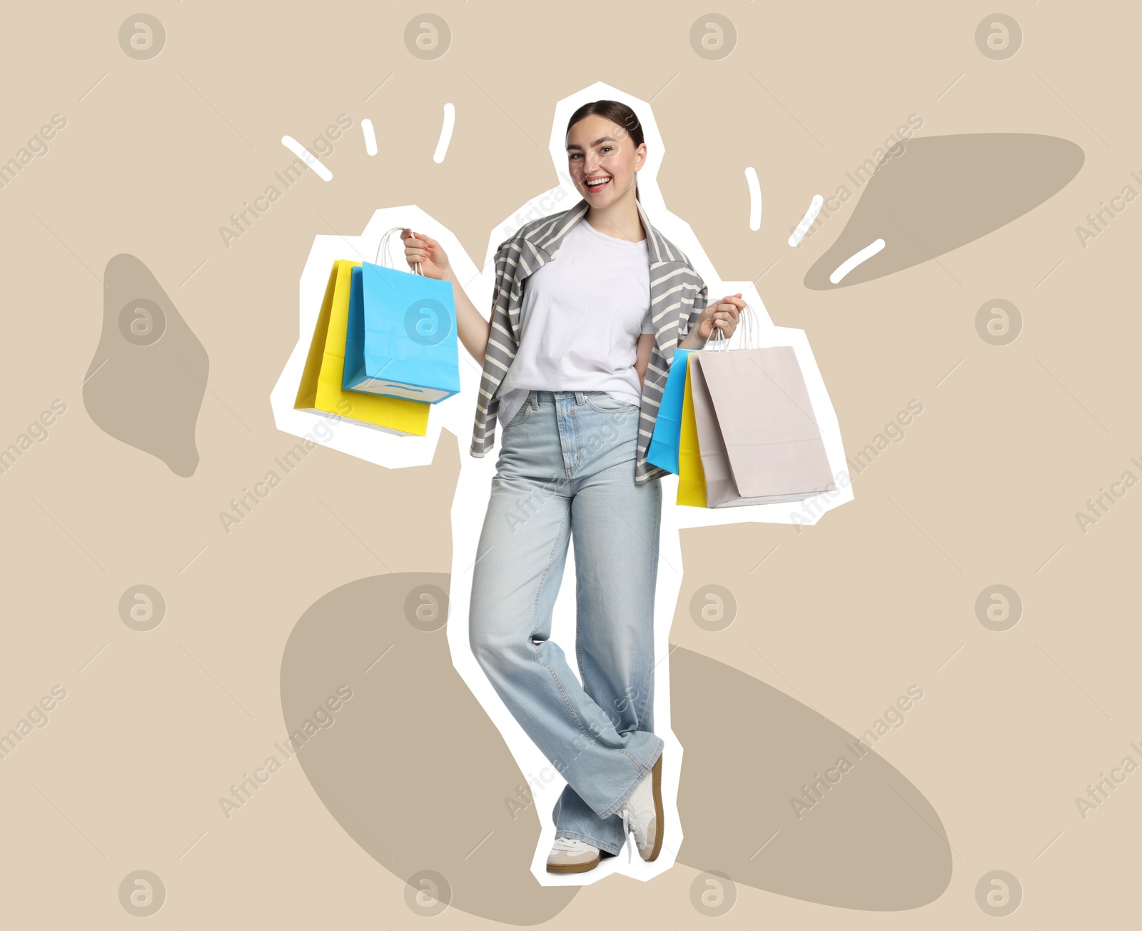 Image of Magazine cutout of happy woman with shopping bags on beige background. Stylish poster